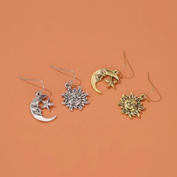 Ancient Aged Gold Celestial Crescent Moon & Sun Face Boho Dangle Earrings NEW - Picture 5 of 8